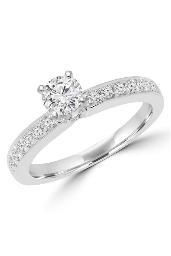 0.63 CTW Round Diamond Solitaire with Accents Engagement Ring in 18K White Gold - Size 4
