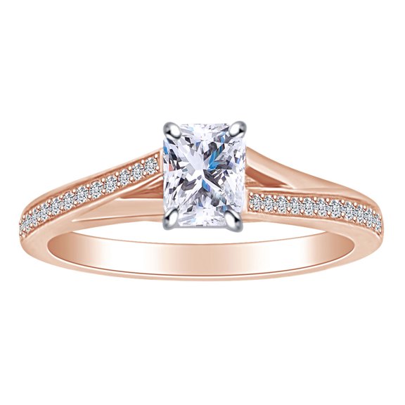AFFY 0.63 Carat (Ctw) Radiant & Round White Natural Diamond Solitaire Engagement Ring In 14k Solid Rose Gold Ring Size-5