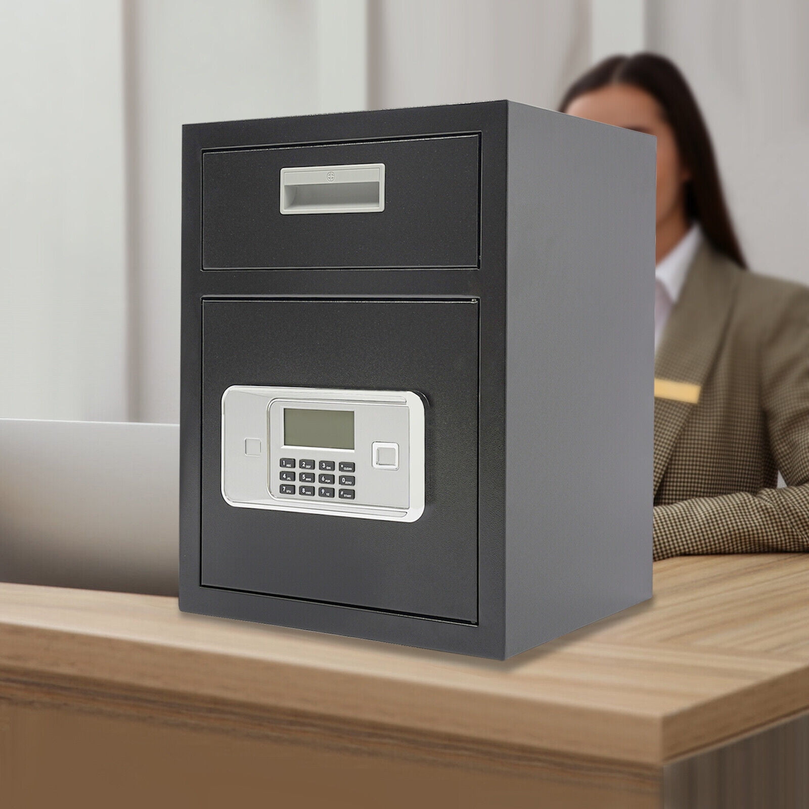 0.64ft Black Rectangular Digital Safe Box Deposit Safe with Drop Slot Passwords & Keys For Home Office