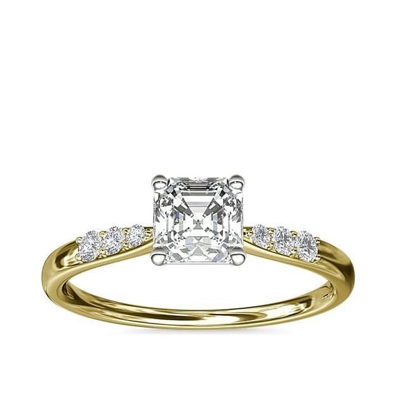 0.65 Carat Asscher Cut Real Diamond Beautiful Solitaire with Accents Ring for Engagement in Solid 14K Yellow Gold Size 7
