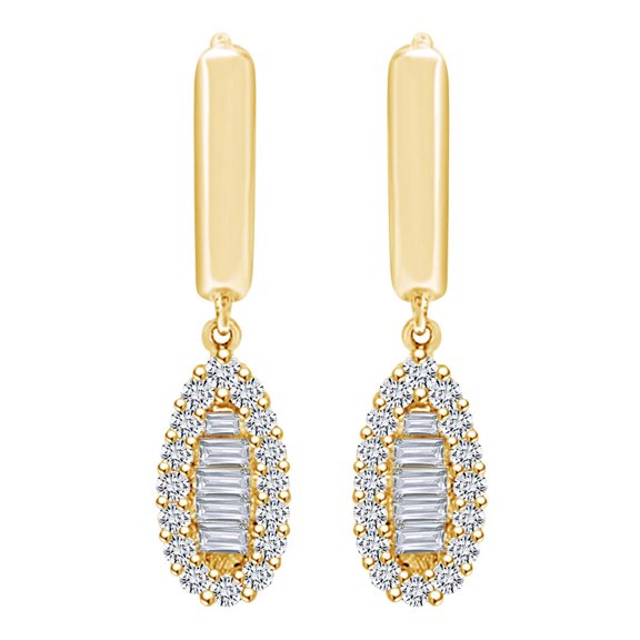 AFFY 0.65 Carat Baguette & Round Shape White Natural Diamond Drop Earrings 14k Solid Yellow Gold