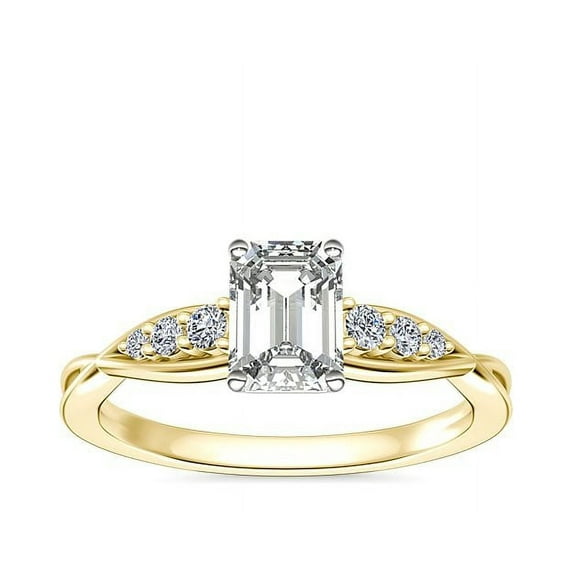 0.65 Carat Brilliant Emerald Cut Natural Diamond Elegant Solitaire with Accents Wedding Ring for her in Solid 14K Yellow Gold Size 9.5