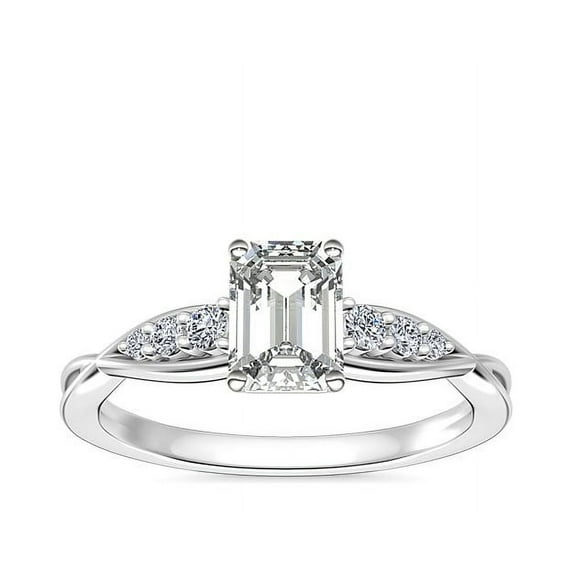 0.65 Carat Brilliant Emerald Cut Real Diamond Elegant Solitaire with Accents Wedding Ring for Women Solid 14K White Gold Size 10
