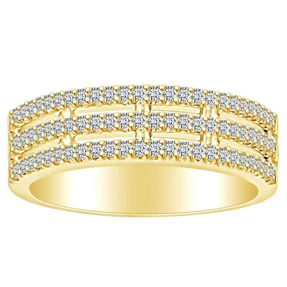 AFFY 0.65 Carat(Ctw) Round Shape White Natural Diamond Three Row Engagement Anniversary Ring In 14k Solid Yellow Gold Ring Size-6.5