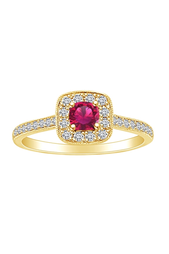 0.65 Carat (Ctw) Round Simulated Ruby & White Natural Diamond Cluster Engagement Ring In 14k Solid Yellow Gold Ring Size-8