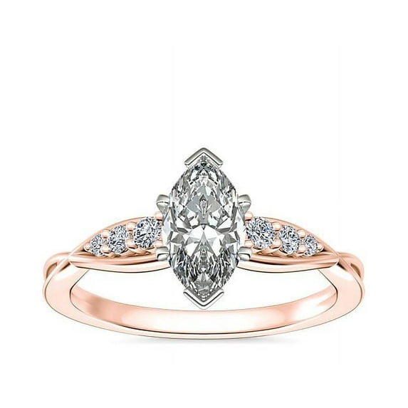 0.65 Carat Excellent Marquise Cut Natural Diamond Unique Solitaire with Accents Ring for Women Solid 18K Rose Gold Size 8.5
