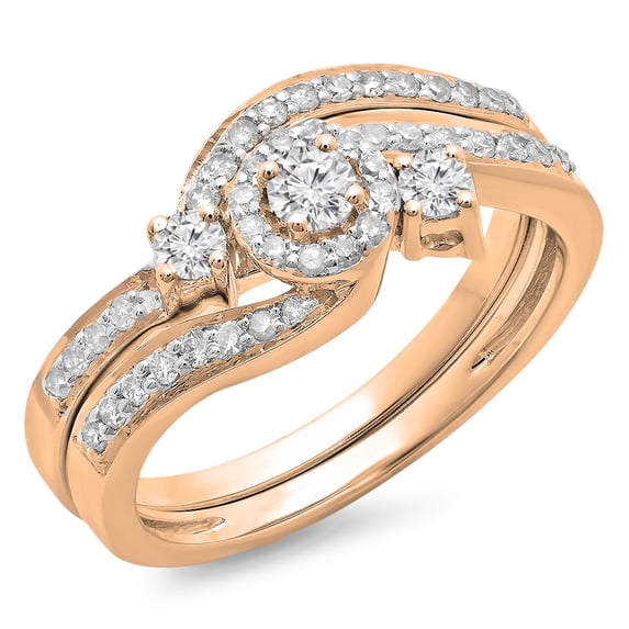 0.65 Carat (ctw) 18K Rose Gold Round Diamond Ladies Twisted Swirl Bridal Halo Engagement Ring With Matching Band Set