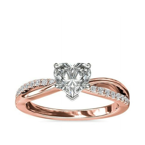 0.65 Ct Brilliant Heart Cut Genuine Diamond Sparkle Solitaire with Accents Engagement Ring for Women Solid 14K Rose Gold Size 6.5
