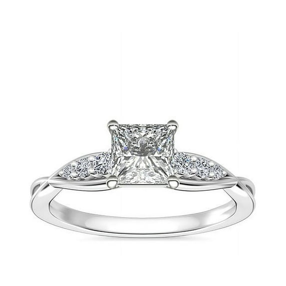 0.65 Ct Brilliant Princess Cut Genuine Diamond Sparkle Solitaire with Accents Engagement Ring for Women Solid 14K White Gold Size 6.5