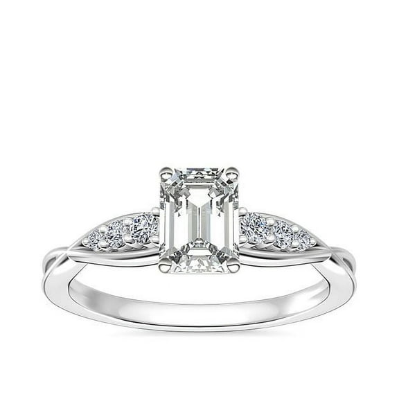 0.65 Ct Emerald Shaped Genuine Diamond Solitaire with Accents Wonderful Engagement and Wedding Ring for Women Solid 14K White Gold Size 7