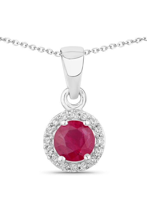 0.65 Ct Genuine Mozambique Ruby and Lab Diamond Silver Round Necklace