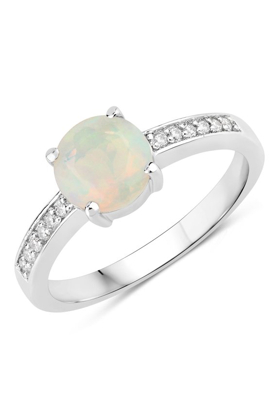 0.65 Ct Round White Ethiopian Opal & Lab Diamond Prong Silver Pave Bridge Ring
