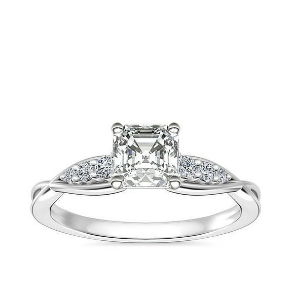 0.65 T.C.W Asscher Cut Genuine Diamond Beautiful Solitaire with Accents Ring for Wedding Solid 14K White Gold Size 7