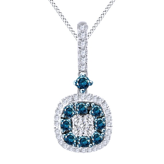 AFFY (0.65 cttw) Round Cut Blue & White Natural Diamond Square Drop Pendant Necklace In 14k White Gold