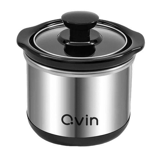 0.65-qt Mini Slow Cooker, Fondue Melting Pot Warmer with Diswasher-safe Stoneware Crock, Sauce, Stews & Dips, Glass Lid, Stainless Steel and black,Round pot