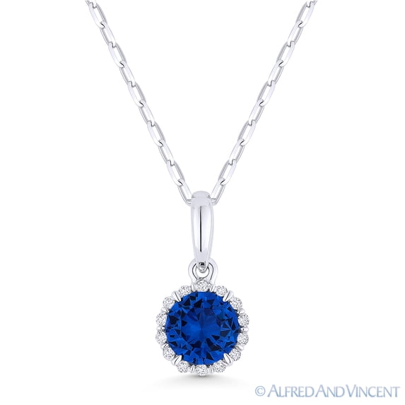 0.65ct Round Cut Lab-Sapphire Blue & Diamond Halo Pendant & Chain Necklace in 14k White Gold