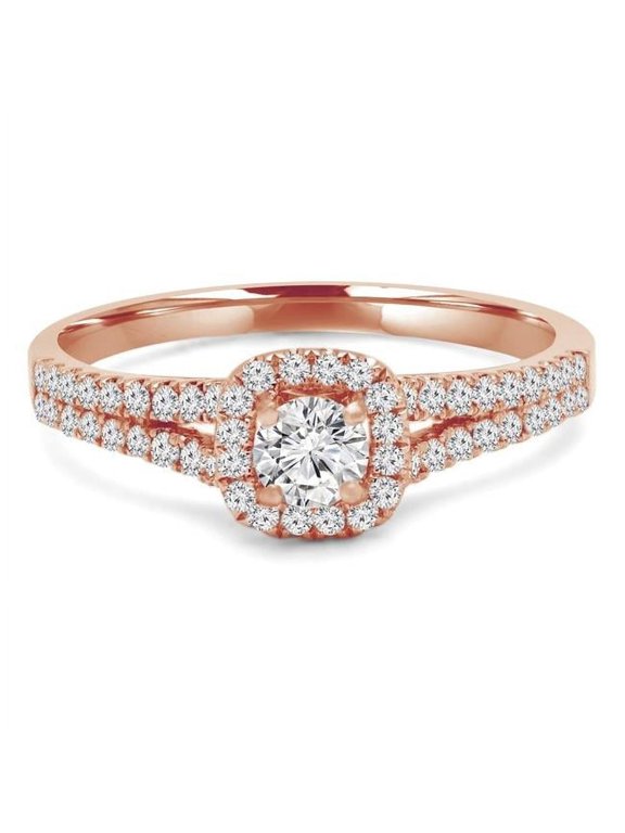 0.66 CTW Round Diamond Split Shank Cushion Halo Engagement Ring in 14K Rose Gold - Size 3