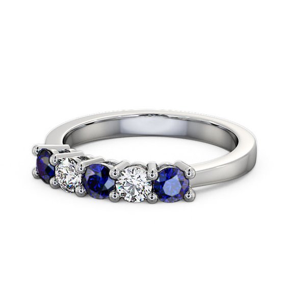0.66 Ct Round Shape Natural Diamond Blue Sapphire Sparkle Half Eternity Band for Wedding 14K White Gold Size 4