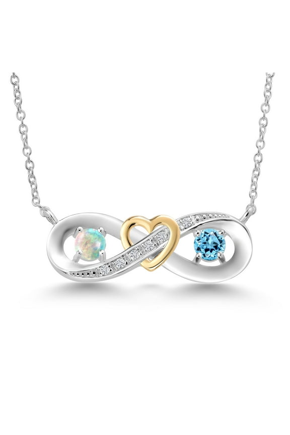 0.67 Ct Round Cabochon White Simulated Opal Swiss Blue Topaz 925 Silver and 10K Yellow Gold Two-Tone Heart Interlocking Infinity Symbol Lab Grown Diamond Pendant Necklace for Women with 18 inch Chain