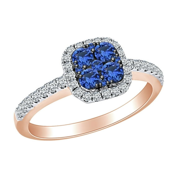 AFFY 0.68 Cttw Round Simulated Blue Sapphire & White Natural Diamond Halo Engagement Ring 14k Solid Rose Gold