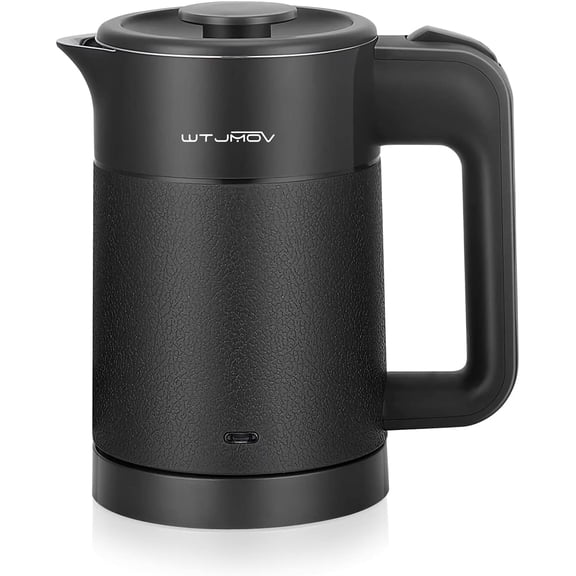 0.6L Small Electric Tea Kettle Lightweight, 20 Ounce Double Wall Hot Water Boiler Stainless Steel Auto Shut-off, 120V Portable Travel Fast Boil for and Coffee, Black