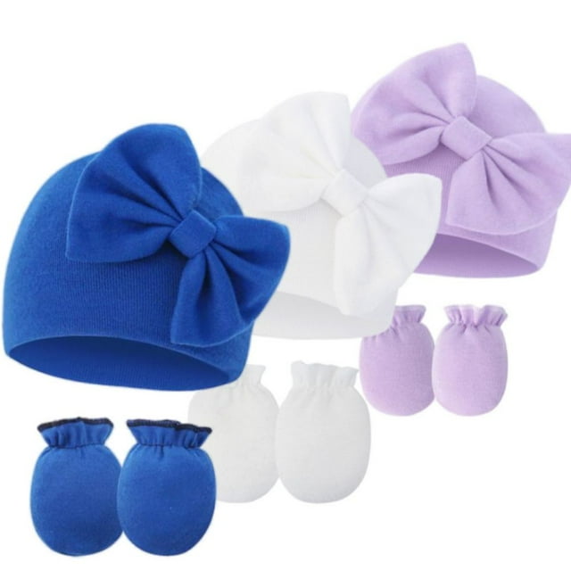 06M Newborn Baby Girls Hats Mittens Set Hospital Hat Beanie Infant Bow
