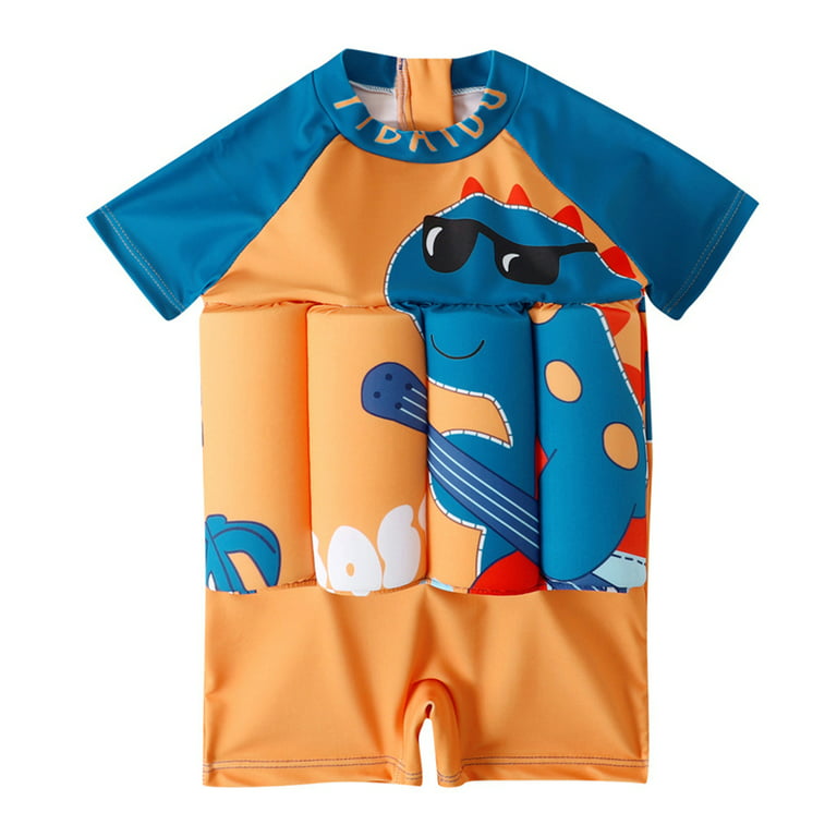 0-6Y Baby Toddler Boys Float Suit One Piece Rashguard Cartoon Short Sleeve  Zip up Buoyancy Sticks Swimsuit 