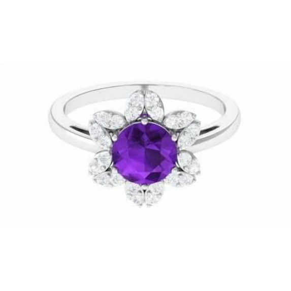 0.6ct Round Solitaire Amethyst Cocktail Ring with CZ Accent | 925 Sterling Silver Promise Ring for Women | Wedding, Engagement Bridal Rings | Mothers Day Gift