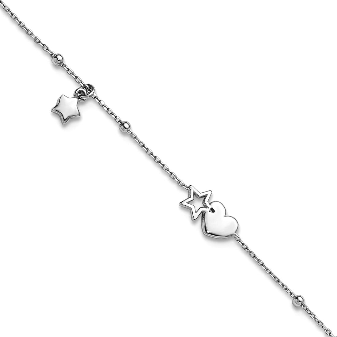 0.6mm Ss Rhodium Plated Love Heart and Stars With Stations Plus 1in Extension Anklet 9 Inch Anklet for Women