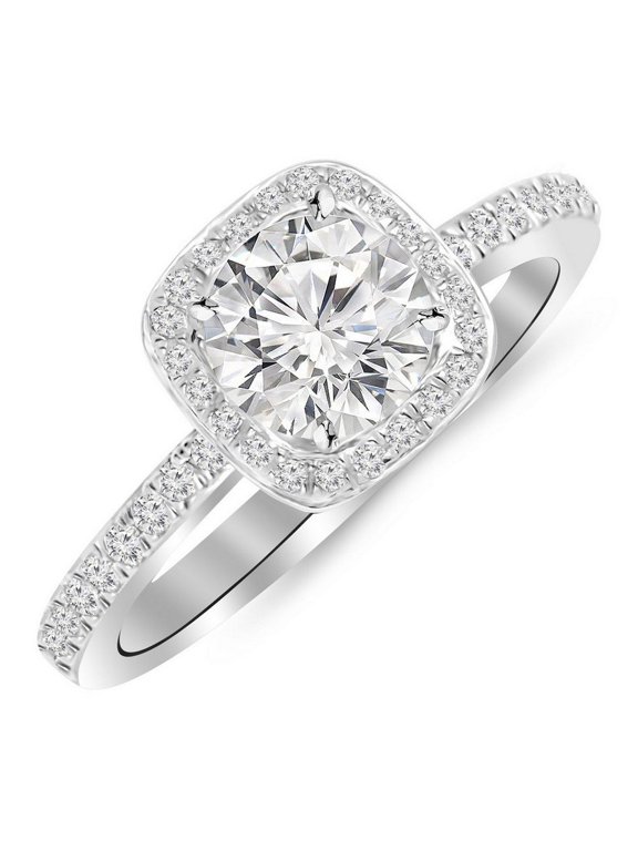 0.7 Carat t.w. Platinum Round Classic Halo Style Cushion Shape Diamond Engagement Ring K I2 Clarity Center Stones.