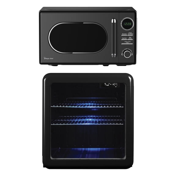Magic Chef 0.7-cu. ft. 700-Watt Retro Countertop Microwave and 1.7-cu. ft. Retro Beverage Cooler Kit, Black