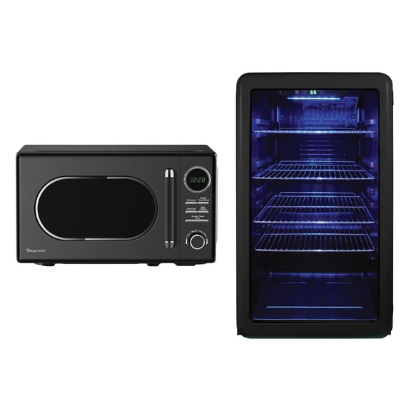 Magic Chef 0.7-cu. ft. 700-Watt Retro Countertop Microwave and 3.4-cu. ft. Retro Beverage Cooler Kit, Black