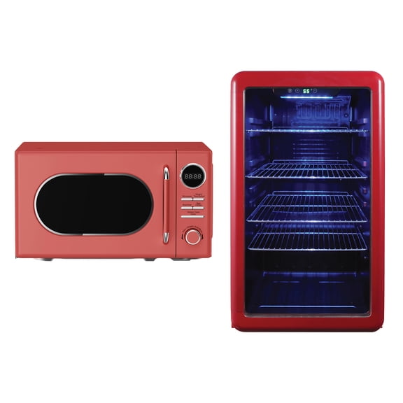 Magic Chef 0.7-cu. ft. 700-Watt Retro Countertop Microwave and 3.4-cu. ft. Retro Beverage Cooler Kit, Red