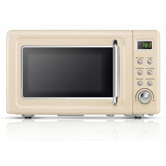 0.7 Cu. Ft. Countertop Compact Microwave, 700W Retro Microwave Oven with 5 Power, Auto Cooking Menus, LED Display, Lock, for Apartments & Dorms, Cream White