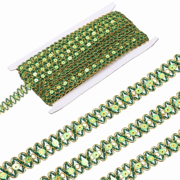 0.7 Inch x 14 Yards Sequin Ribbon Trim, Wave Woven Braid Trimming Flat Sequins Metallic Glitter Bending Ribbon for Crafts Costume Hats Dress Shoes Sewing, Green Gold