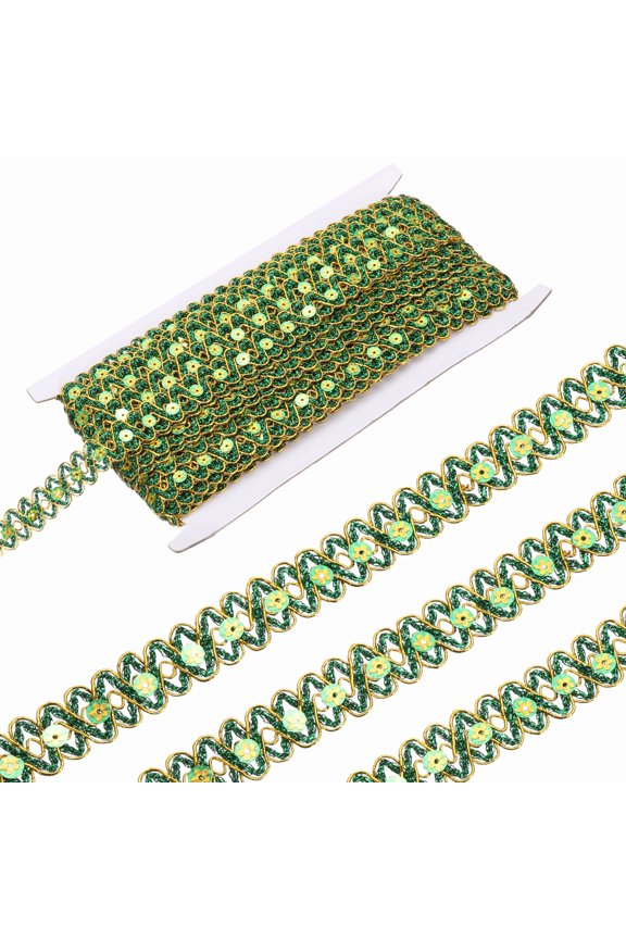 0.7 Inch x 14 Yards Sequin Ribbon Trim, Wave Woven Braid Trimming Flat Sequins Metallic Glitter Bending Ribbon for Crafts Costume Hats Dress Shoes Sewing, Green Gold