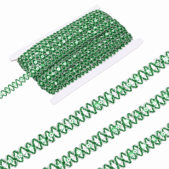 0.7 Inch x 14 Yards Sequin Ribbon Trim, Wave Woven Braid Trimming Flat Sequins Metallic Glitter Bending Ribbon for Crafts Costume Hats Dress Shoes Sewing, Green Silver
