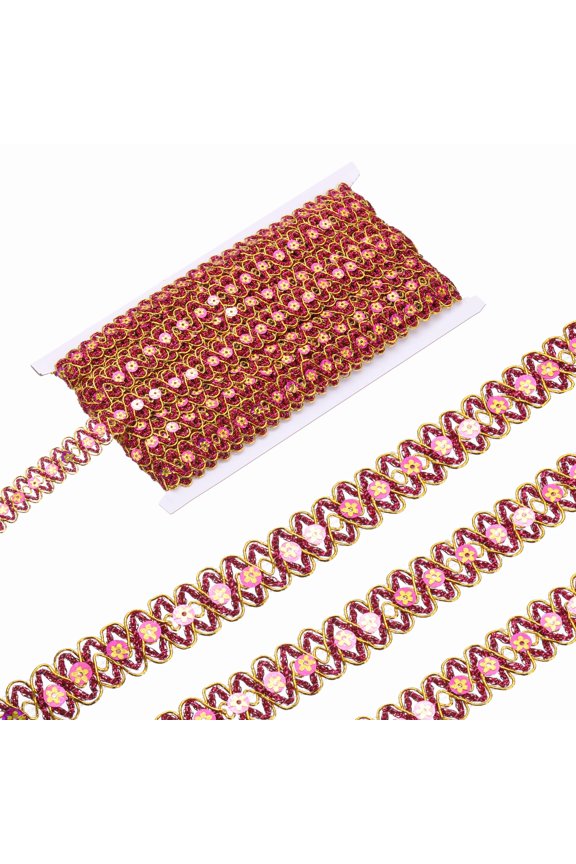 0.7 Inch x 14 Yards Sequin Ribbon Trim, Wave Woven Braid Trimming Flat Sequins Metallic Glitter Bending Ribbon for Crafts Costume Hats Dress Shoes Sewing, Rose Red Gold