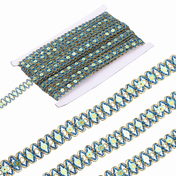 0.7 Inch x 14 Yards Sequin Ribbon Trim, Wave Woven Braid Trimming Flat Sequins Metallic Glitter Bending Ribbon for Crafts Costume Hats Dress Shoes Sewing, Sky Blue Gold