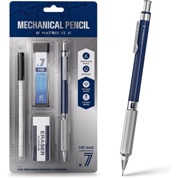 0.7 mm Mechanical Pencil, Metal Art & Drafting Pencil with Eraser and 60 HB Lead Refills, Professional Drawing Pencil for Artists, Students, School, Office, Writing, Sketching, Drafting(Blue)