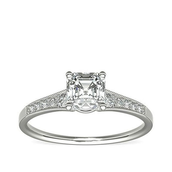 0.70 Carat Asscher Cut VS1 Real Diamond Solitaire with Accents Wonderful Wedding Ring for Ladies in Solid 14K White Gold Size 7