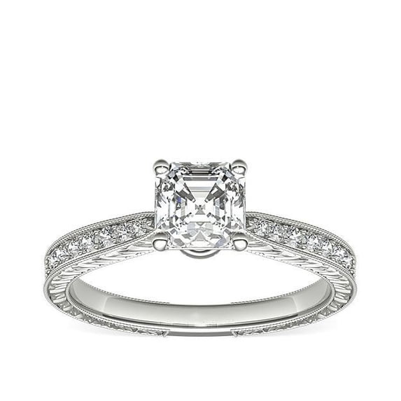 0.70 Carat Brilliant Asscher Cut Natural Diamond Elegant Solitaire with Accents Wedding Ring for her in Solid 14K White Gold Size 9.5