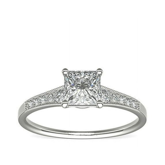 0.70 Carat Brilliant Princess Cut Natural Diamond Elegant Solitaire with Accents Ring for her Solid 18K White Gold Size 9.5