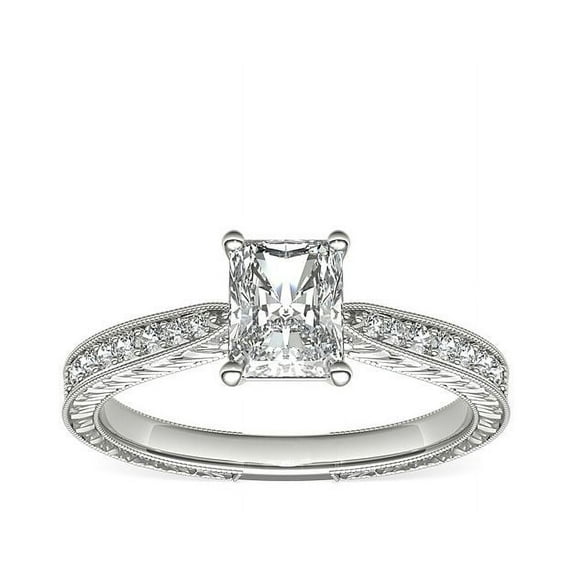 0.70 Carat Brilliant Radiant Cut Genuine Diamond Solitaire with Accents Wonderful Ring for Ladies Solid 14K White Gold Size 10.5