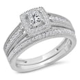thumbnail image 1 of 0.70 Carat (Ctw) 10K White Gold Princess & Round White Diamond Ladies Millgrain Bridal Halo Engagement Ring With Matchin, 1 of 1