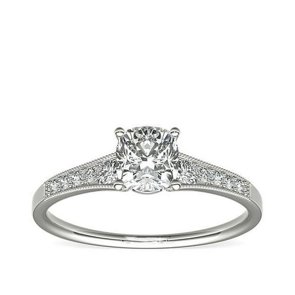 0.70 Carat Cushion Cut Real Diamond Solitaire with Accents Wonderful Latest Engagement Ring for her Solid 14K White Gold Size 7