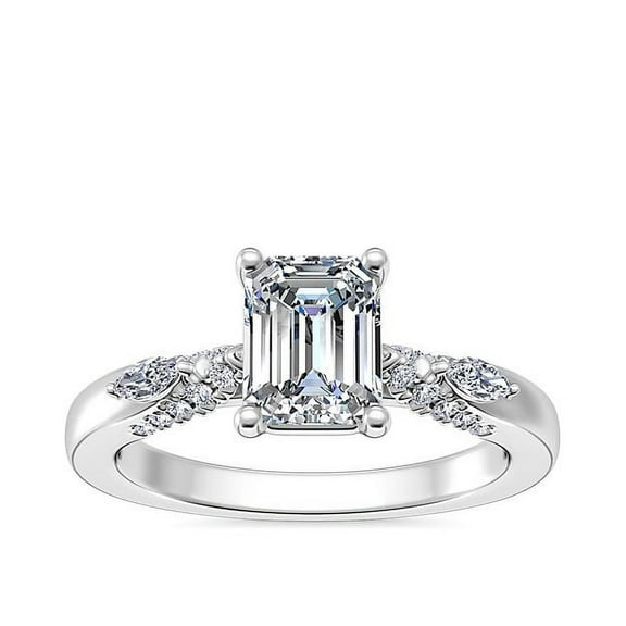 0.70 Carat Emerald Cut Stunning Solitaire with Accents Real Diamond Wedding Ring for Women in Solid 14K White Gold Size 7
