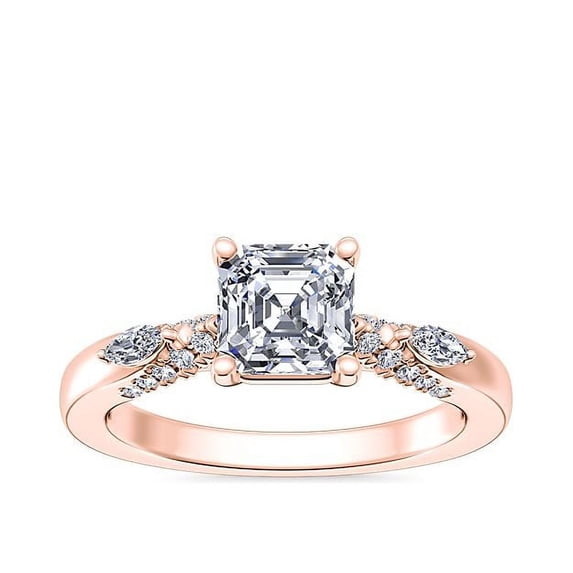 0.70 Carat Excellent Asscher Cut Real Diamond New Design Solitaire with Accents Ring for Wedding Solid 18K Rose Gold Size 11