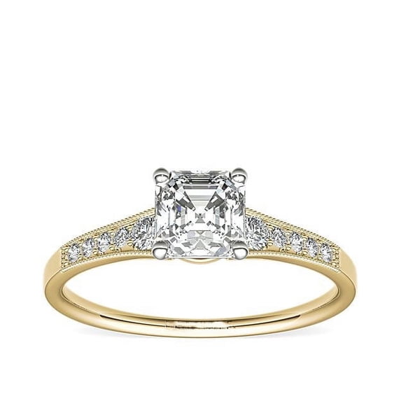 0.70 Carat Excellent Asscher Shape Genuine Diamond Latest Design Solitaire with Accents Engagement Ring for Ladies Solid 18K Yellow Gold Size 7.5