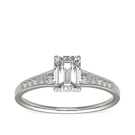 0.70 Carat Excellent Emerald Cut Natural Diamond Unique Solitaire with Accents Ring for Engagement Solid 14K White Gold Size 8.5